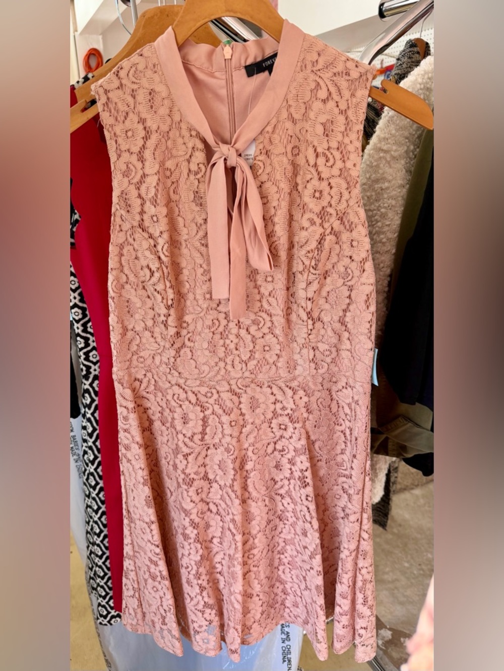 Forever 21 Blush Pink Lace Tie-Neck Midi Dress